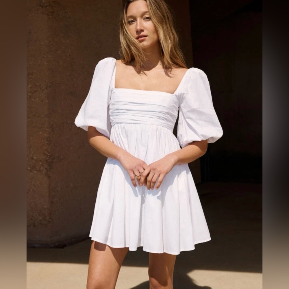 Abercrombie & Fitch Emerson Poplin Puff Sleeve Ruched Mini Dress White szXS tall - Picture 2 of 12